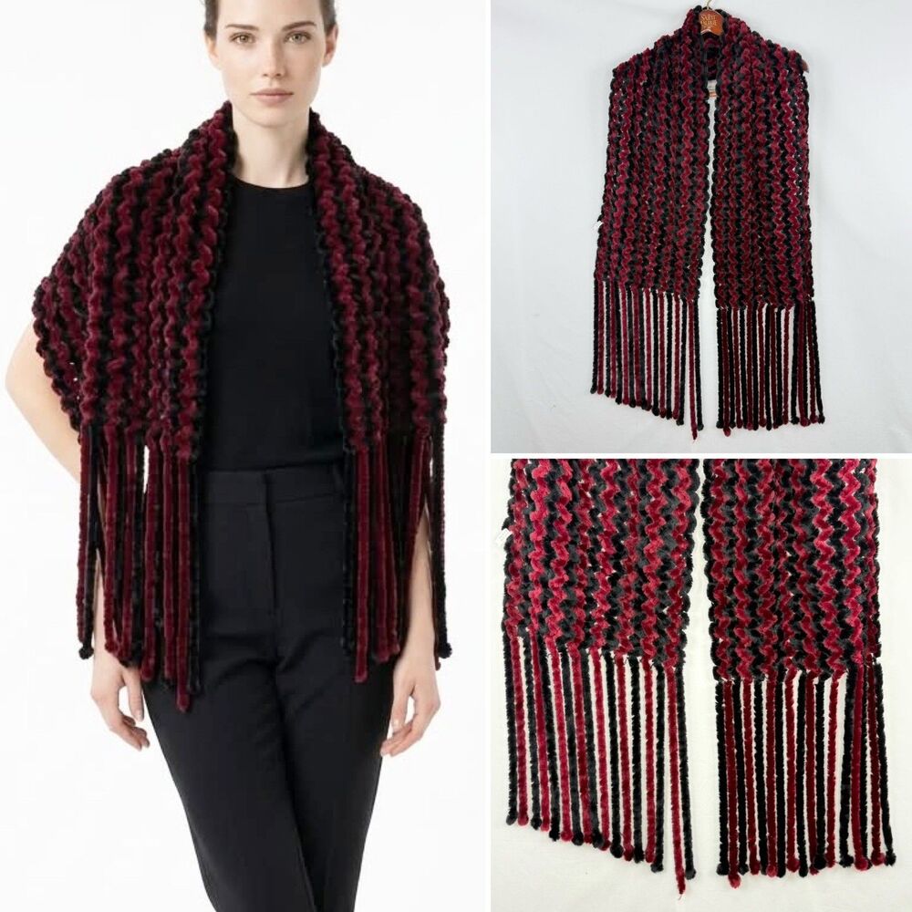 Woman's Scarf Crochet Knitted Deep Red & Black Fringe Hem 80x12 in